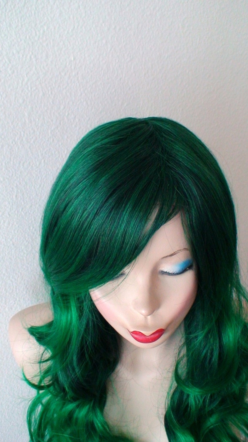 26" Irish Green Ombre Long Curly Hairstyle Long Side Bangs Wig