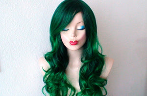 26" Irish Green Ombre Long Curly Hairstyle Long Side Bangs Wig