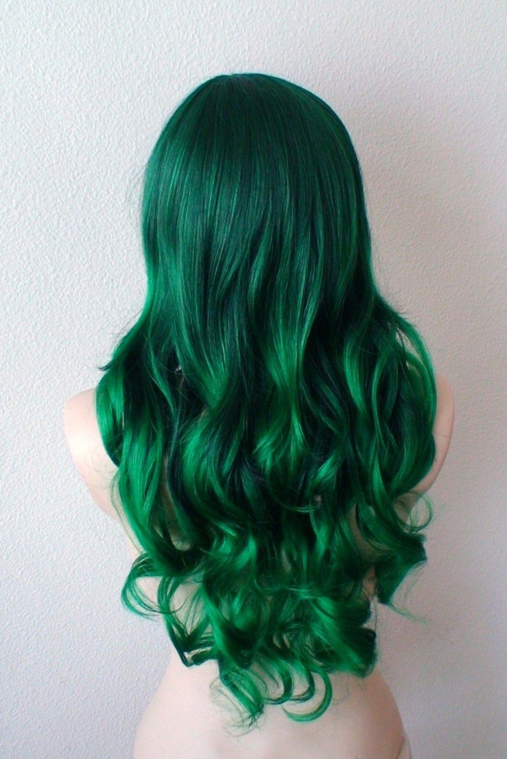 26" Irish Green Ombre Long Curly Hairstyle Long Side Bangs Wig