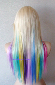 28" Pastel Rainbow Long Straight Layered Hair Long Side Bangs Wig