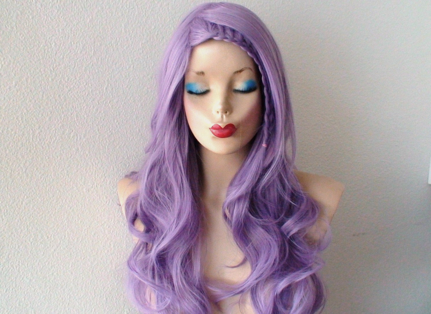 26" Lavender Long Curly Hair Long Side Bangs Wig