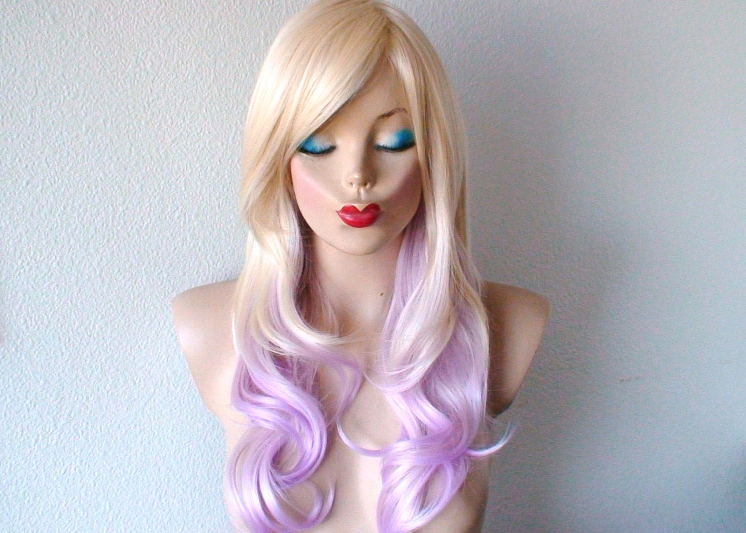 24" Blonde Pastel Lavender Ombre Long Curly Hair Side Bangs Wig