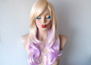 24" Blonde Pastel Lavender Ombre Long Curly Hair Side Bangs Wig