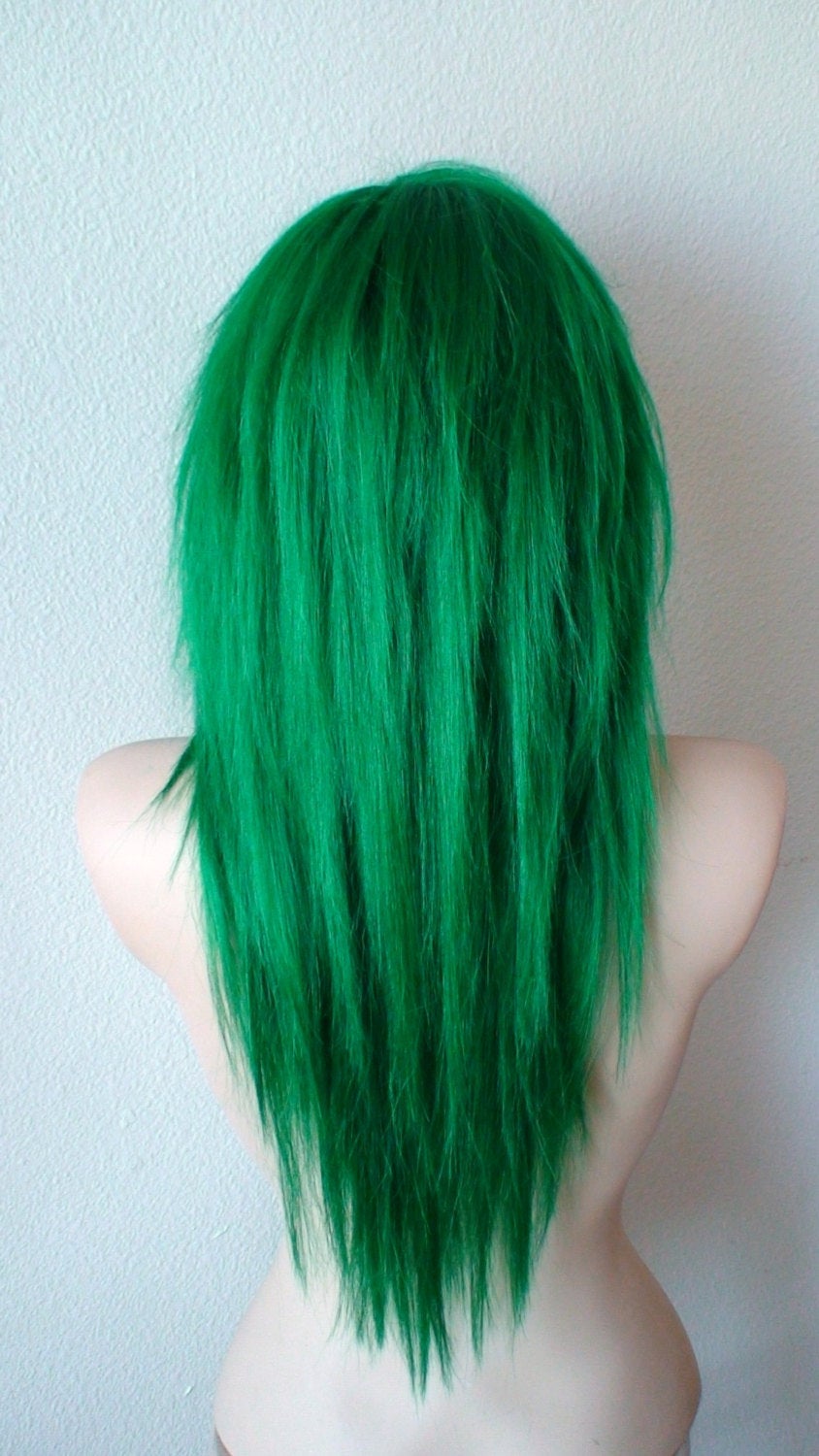 28" Irish Green Long Straight Layered Hair with Side Bangs Wig. Scene wig. Emo wig.