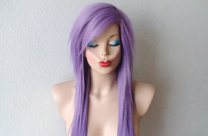 28" Lavender Long Straight hair side bangs wig. Emo wig. Scene wig.