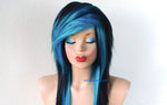 Load image into Gallery viewer, 28&quot; Black Turquoise Ombre Long Straight Hair Long Side Bangs Wig. Emo Wig. Scene Wig.
