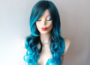 26" Pastel Turquoise Ombre Long Curly Hair Long Side Bangs Wig