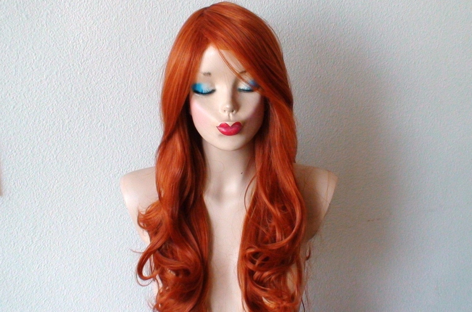 26" Ginger Orange Long Curly Hair Long Side Bangs Wig