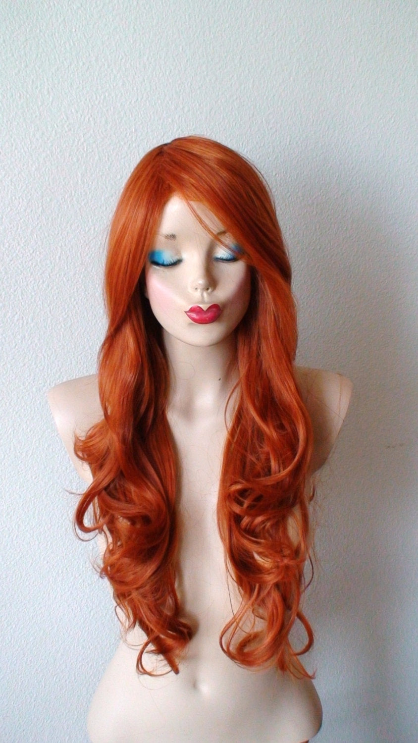 26" Ginger Orange Long Curly Hair Long Side Bangs Wig