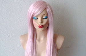 28" Pastel Pink Long Straight Layered Hair Long Side Bangs Wig