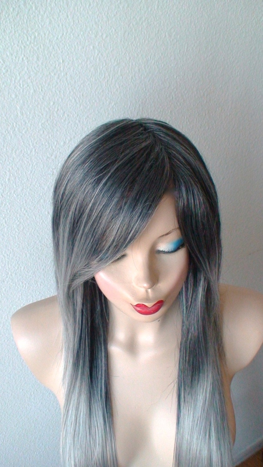 28" Grey Ombre Long Straight Hair Long Side Bangs Wig