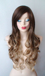 Load image into Gallery viewer, 26&quot; Lace Front Brown Dirty Blonde Ombre Long Curly Hair Long Side Bangs Wig
