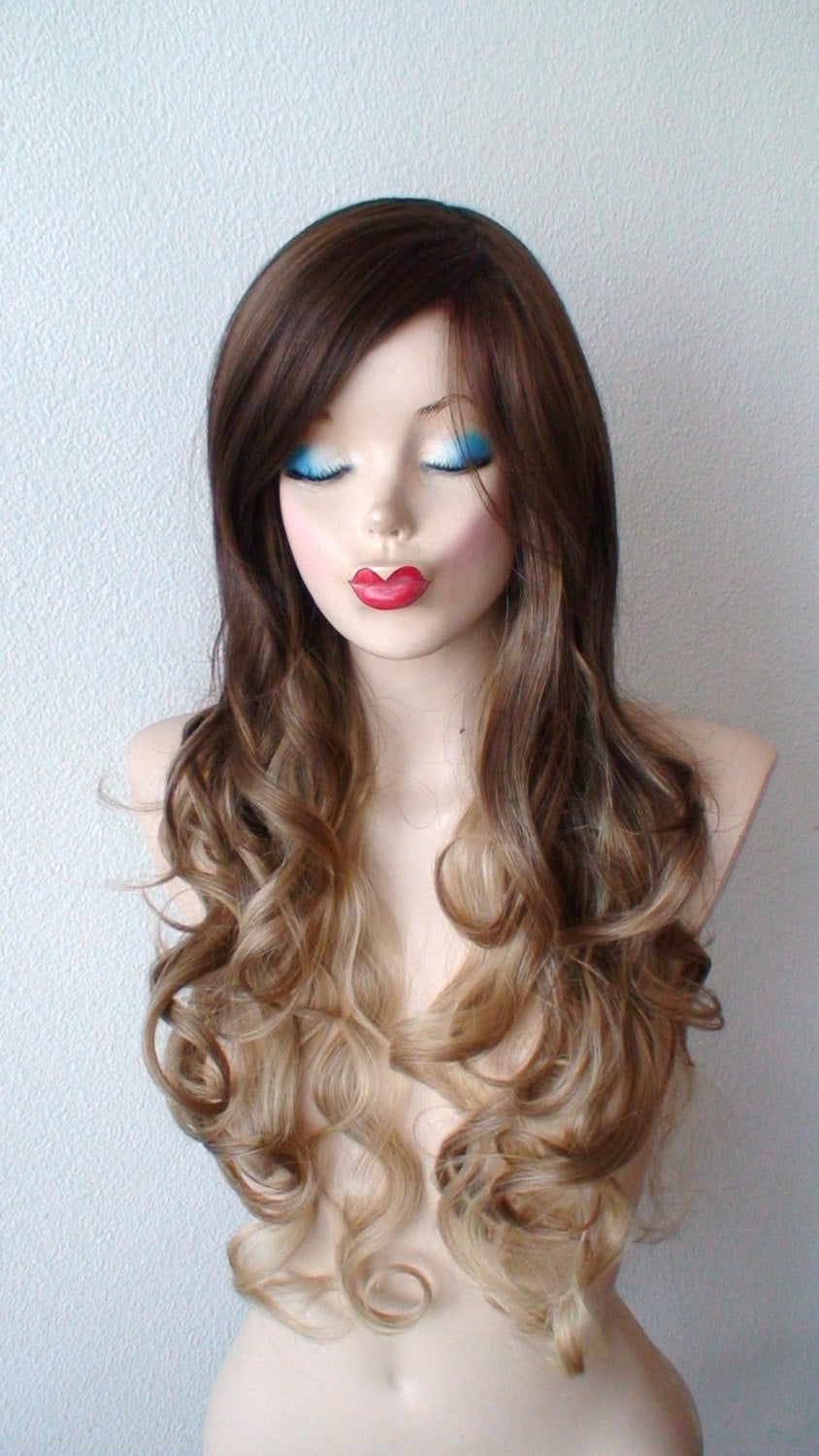 26" Lace Front Brown Dirty Blonde Ombre Long Curly Hair Long Side Bangs Wig