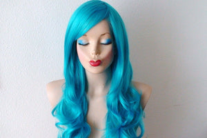 26" Teal Blue Long Curly Hair Long Side Bangs Wig