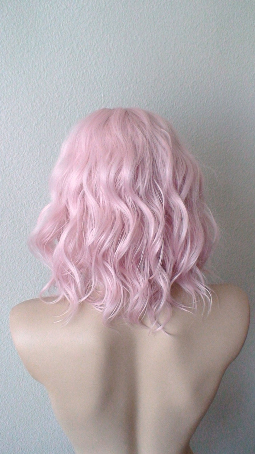 16" Pastel Pink Short Wavy Hair with Side Bangs Wig