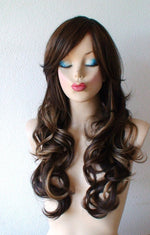 Load image into Gallery viewer, 26&quot; Brown / Auburn / Carmel /Ash Blonde Long Curly Hair  Side Bangs Wig
