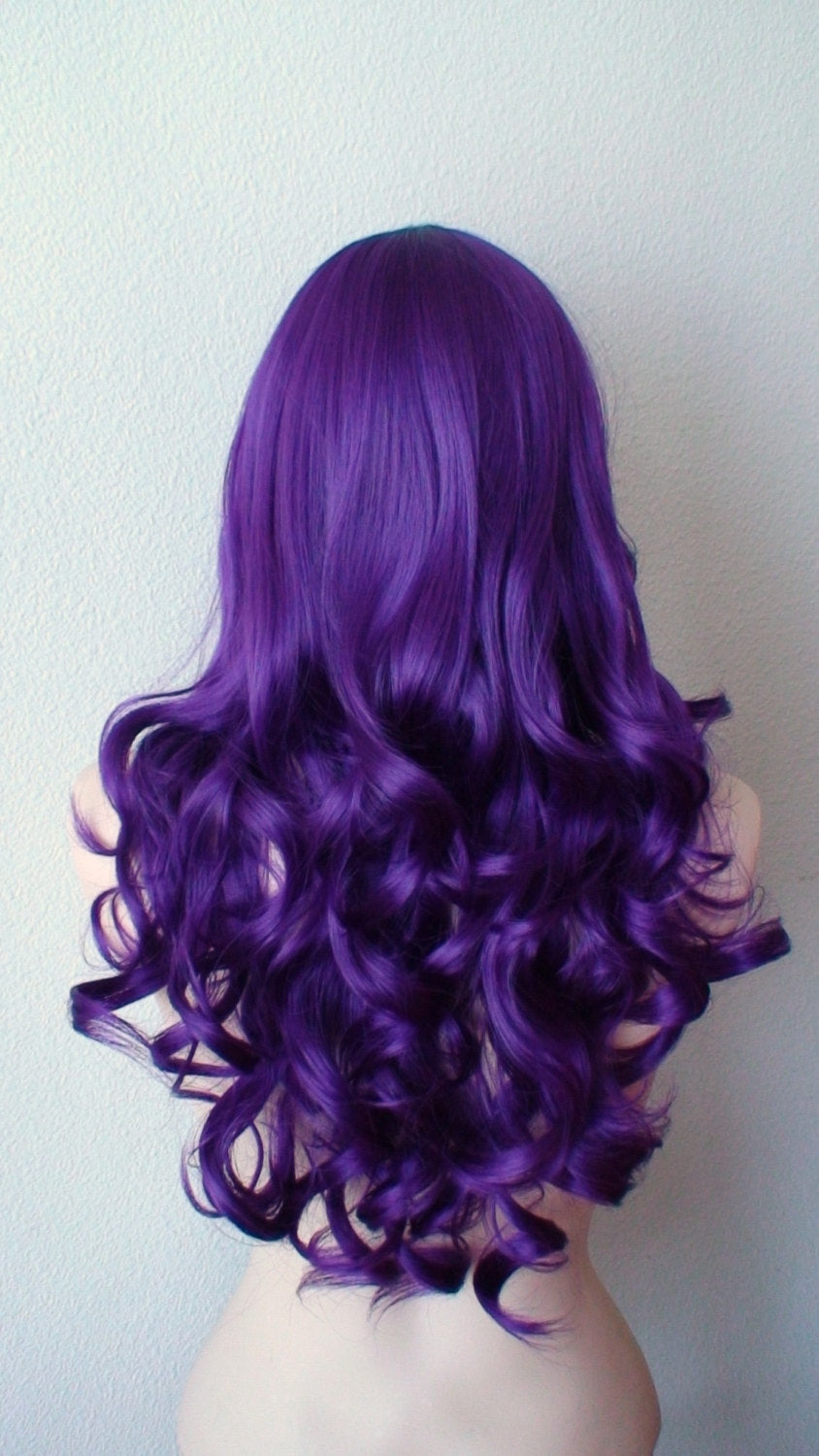 26" Purple Long Curly Hair Long Side Bangs Wig