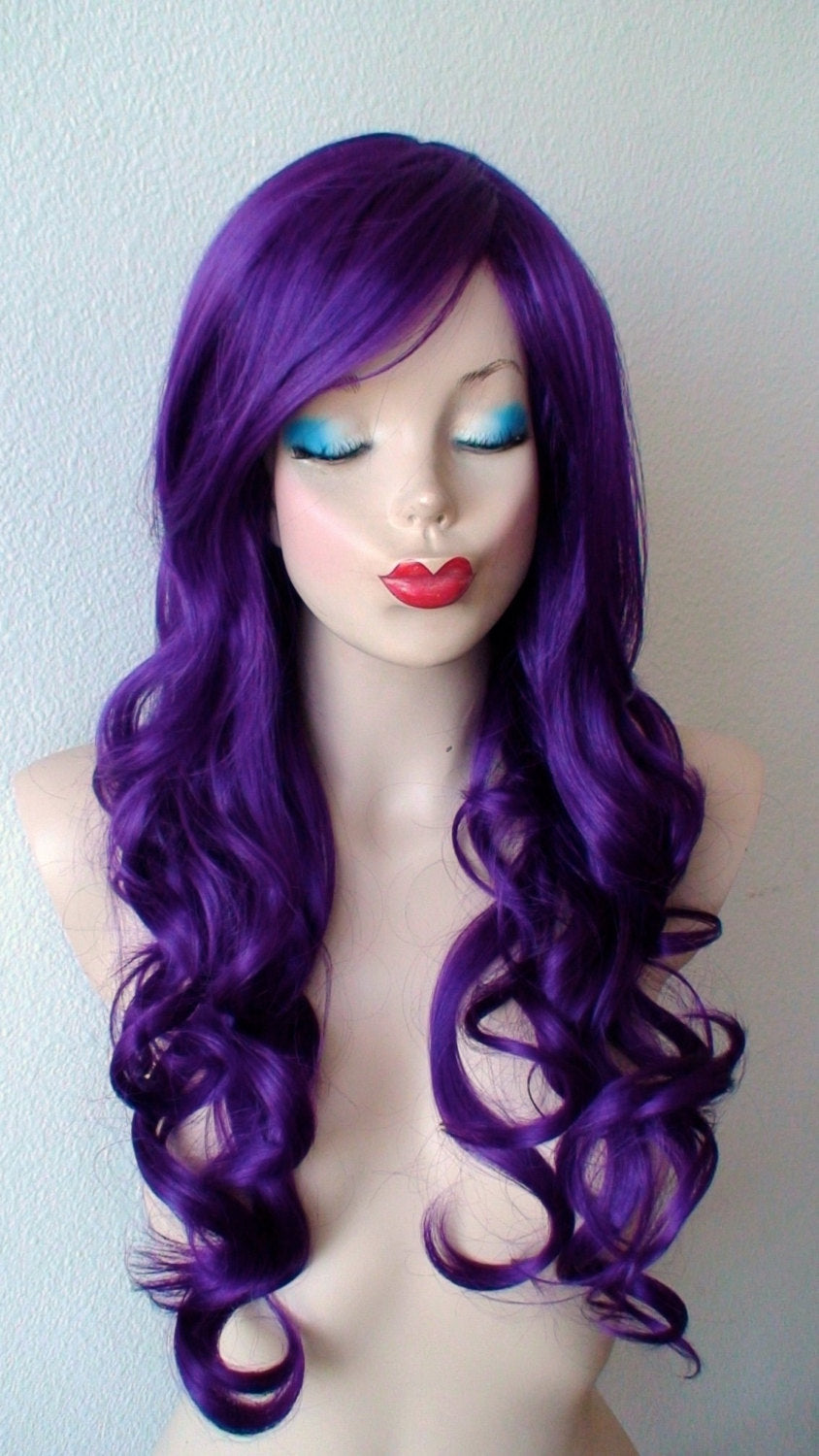 26" Purple Long Curly Hair Long Side Bangs Wig