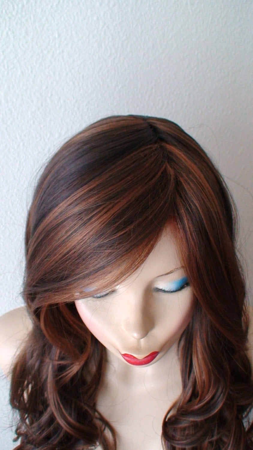 26" Brown Auburn Long Curly Hair Side Bangs Wig