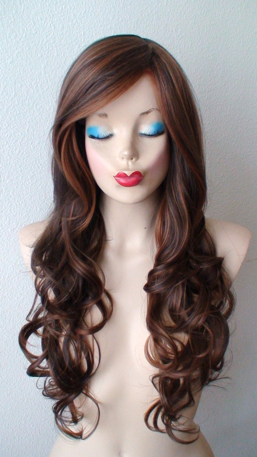 26" Brown Auburn Long Curly Hair Side Bangs Wig