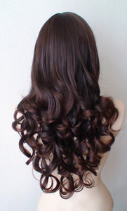 26" Chocolate Brown Auburn Ombre Curly Hair with Long Side Bangs Wig