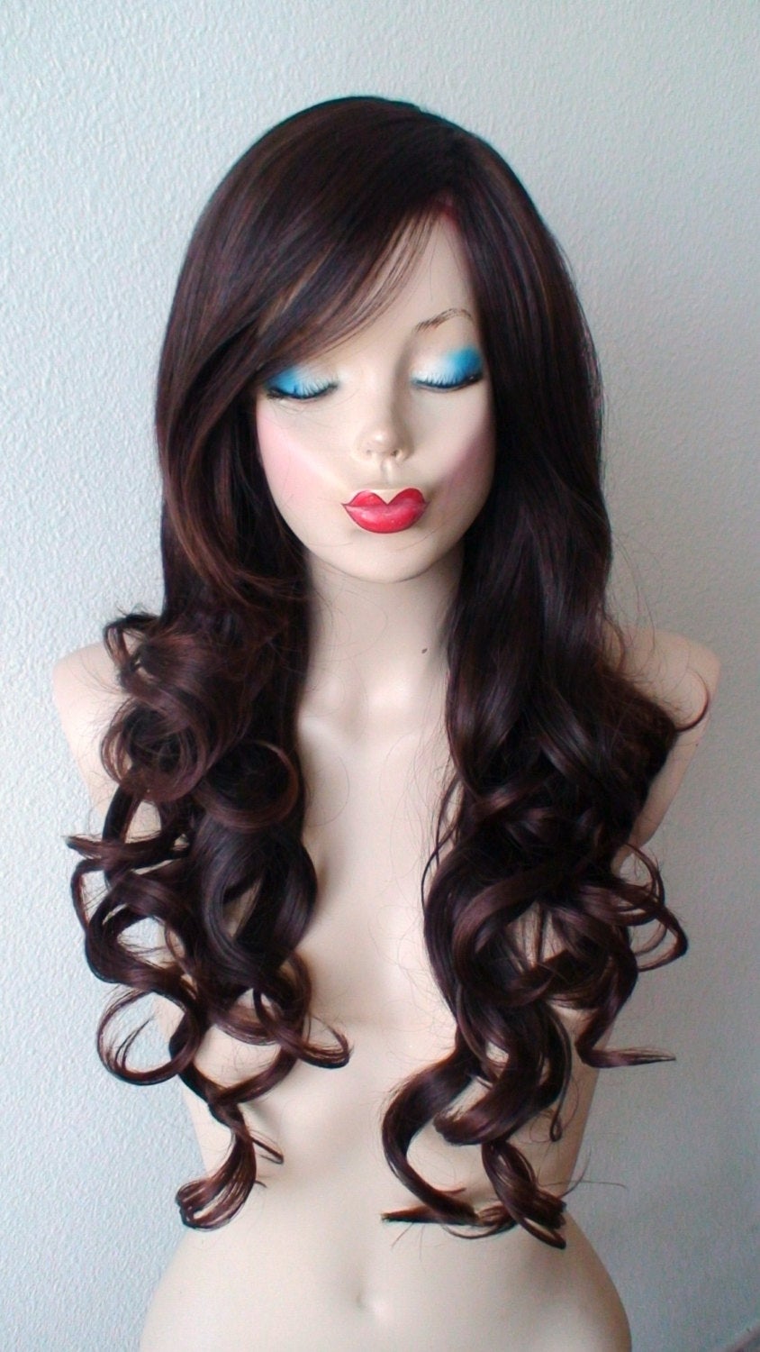 26" Chocolate Brown Auburn Ombre Curly Hair with Long Side Bangs Wig