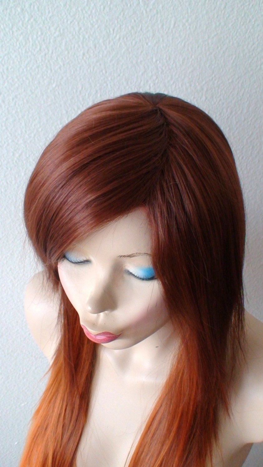 28" Auburn Ginger Red Ombre Long Straight Layered Hair Long Side Bangs Wig