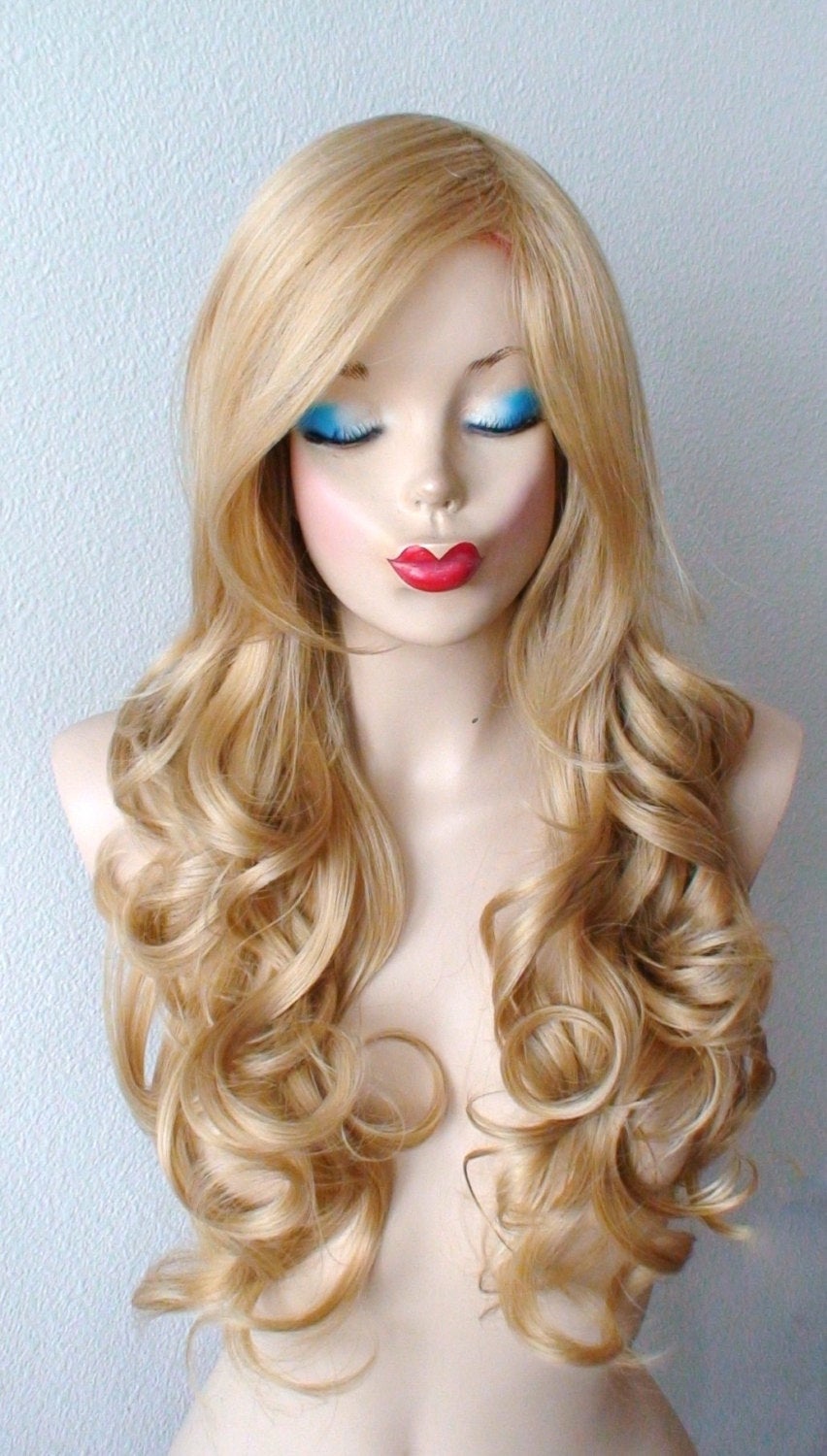 26" Golden Blonde Long Curly Hair Long Side Bangs Wig