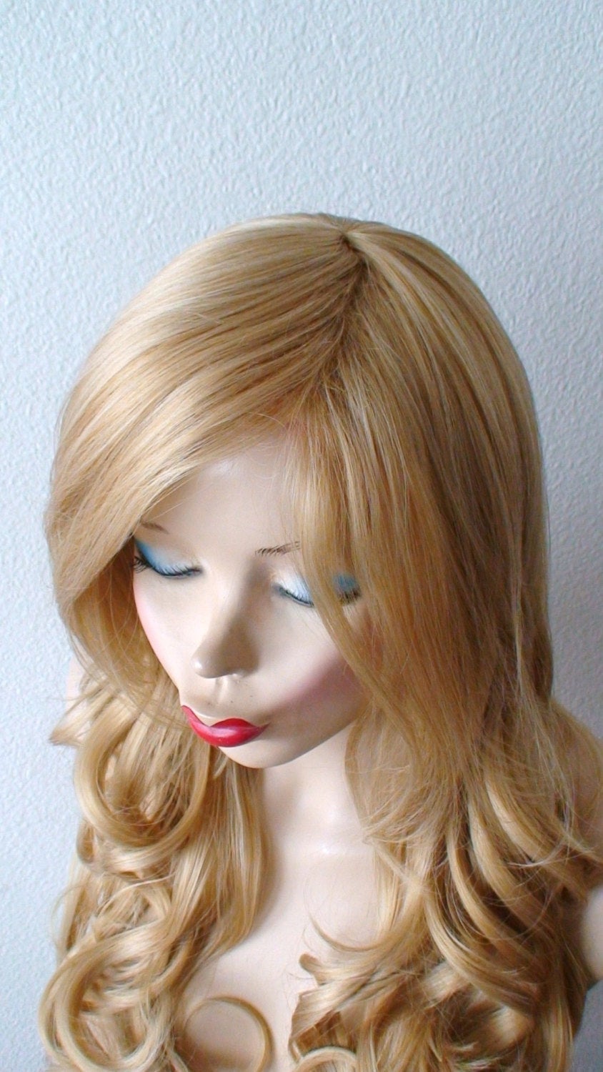 26" Golden Blonde Long Curly Hair Long Side Bangs Wig