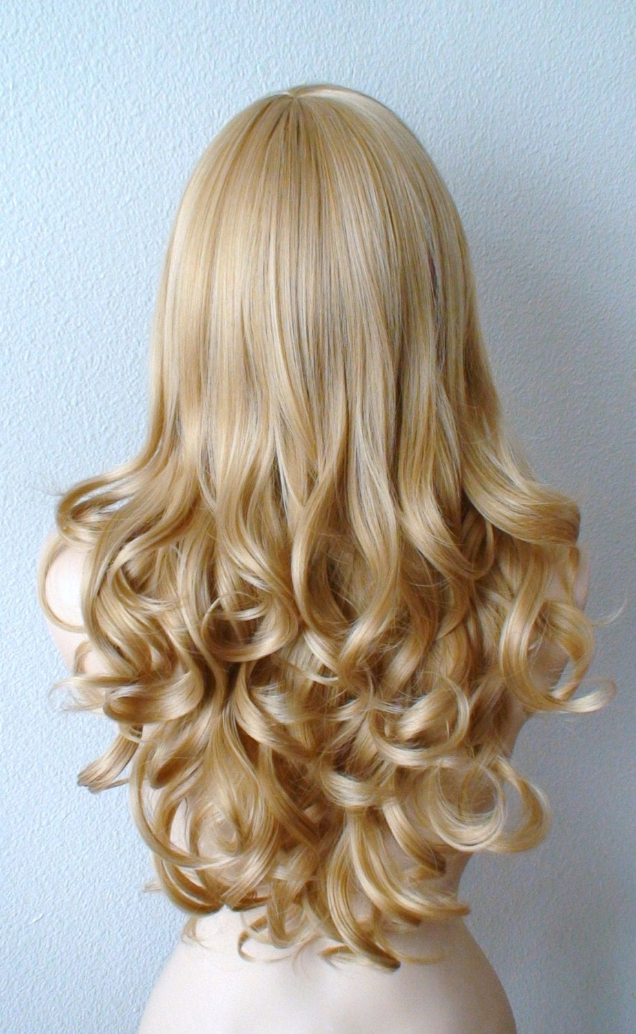 26" Golden Blonde Long Curly Hair Long Side Bangs Wig