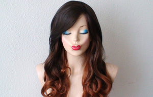 26" Chocolate Brown Auburn Ombre Long Curly Hair Long Side Bangs Wig