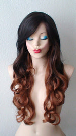 Load image into Gallery viewer, 26&quot; Chocolate Brown Auburn Ombre Long Curly Hair Long Side Bangs Wig
