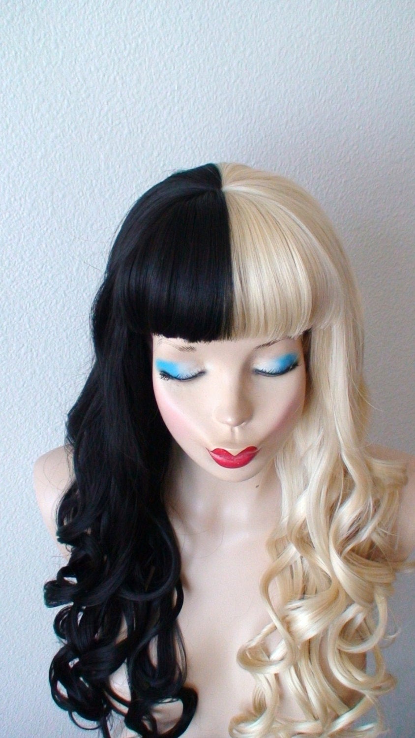 30' Black Blonde Side by Side Long Curly Hairstyle Wig with Bangs