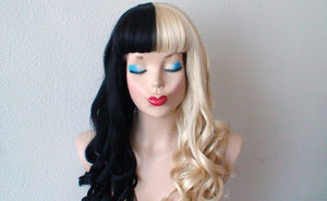 30' Black Blonde Side by Side Long Curly Hairstyle Wig with Bangs