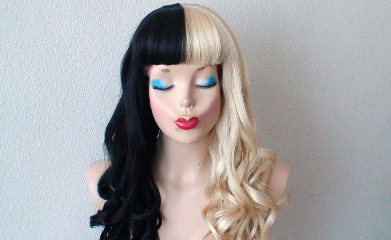 30' Black Blonde Side by Side Long Curly Hairstyle Wig with Bangs