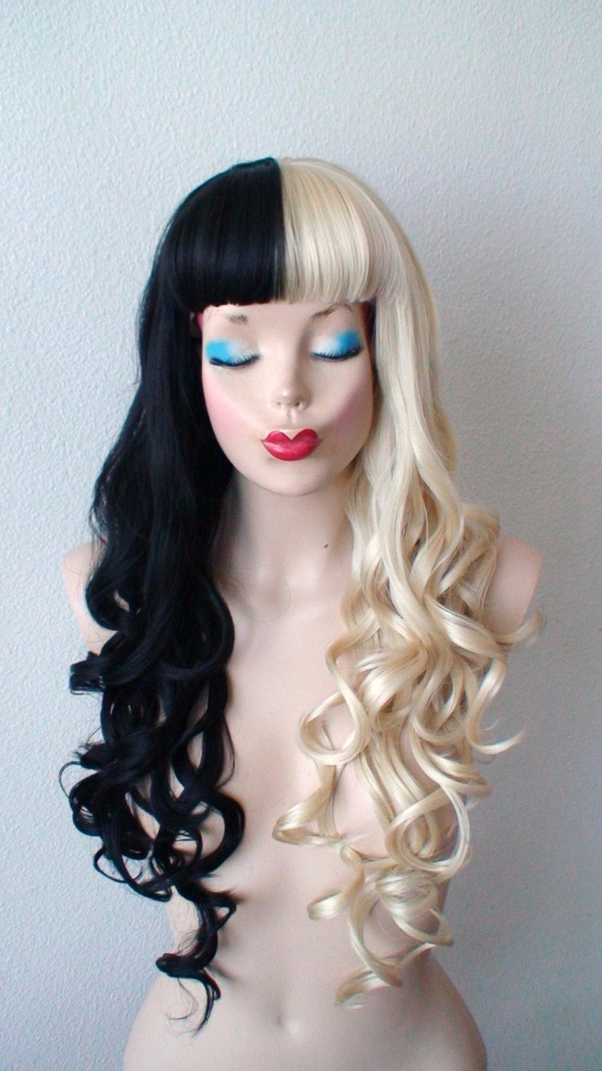 30' Black Blonde Side by Side Long Curly Hairstyle Wig with Bangs