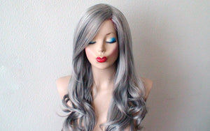 26" Lace Front Salt Pepper Gray Long Curly HairLong Side Bangs Wig