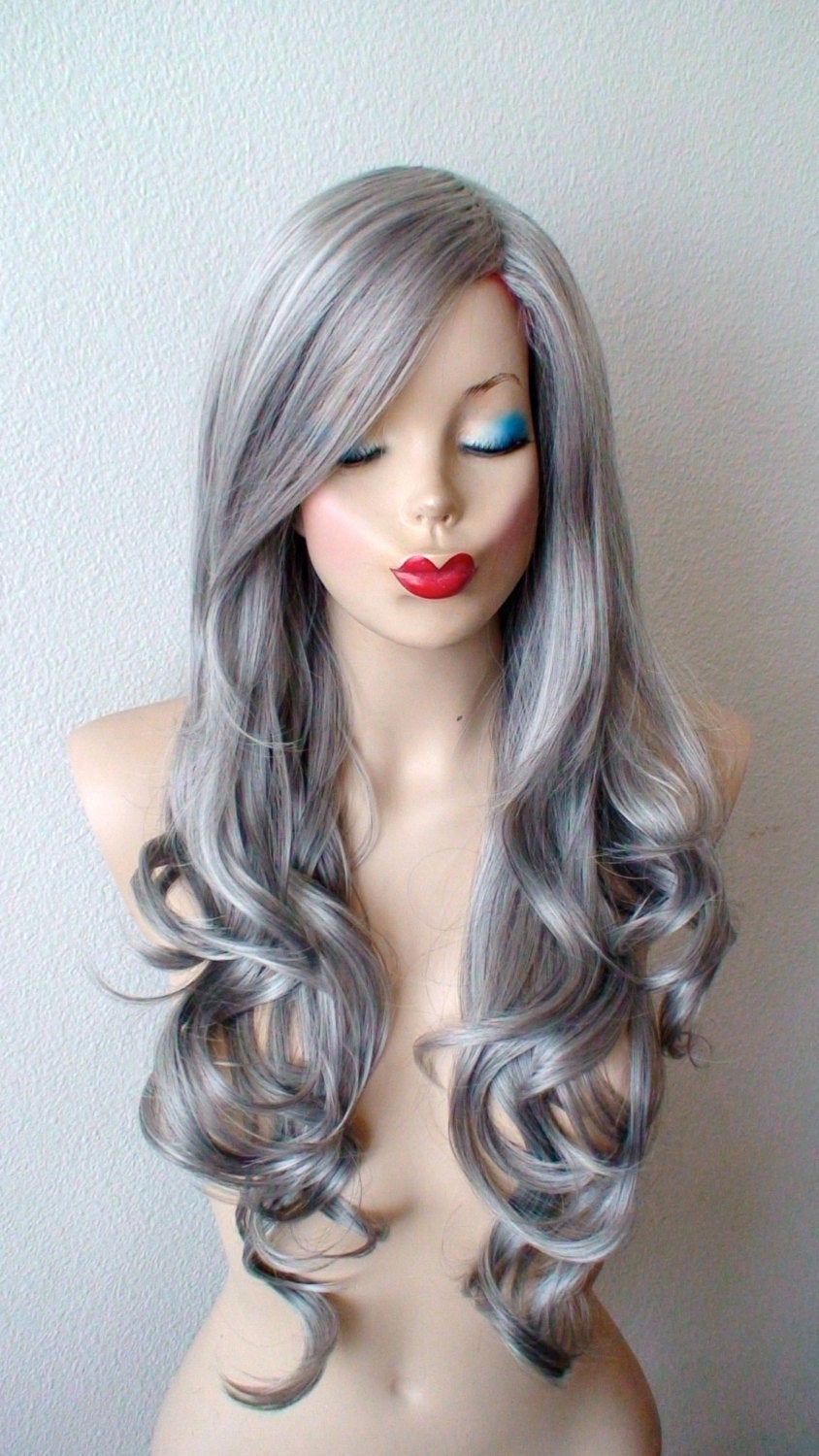 26" Salt Pepper Gray Long Curly HairLong Side Bangs Wig