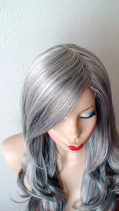 26" Salt Pepper Gray Long Curly HairLong Side Bangs Wig