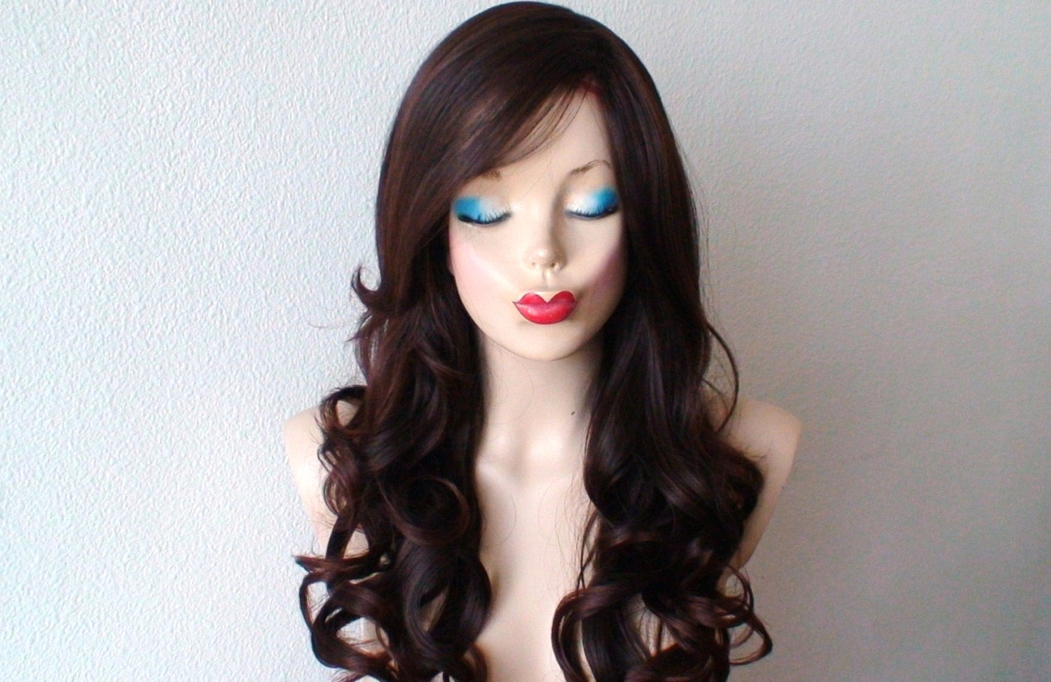 26" Chocolate Brown Auburn Ombre Curly Hair with Long Side Bangs Wig