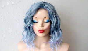 16" Pastel Blue Ombre Short Wavy Hairstyle Wig