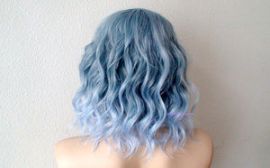 16" Pastel Blue Ombre Short Wavy Hairstyle Wig