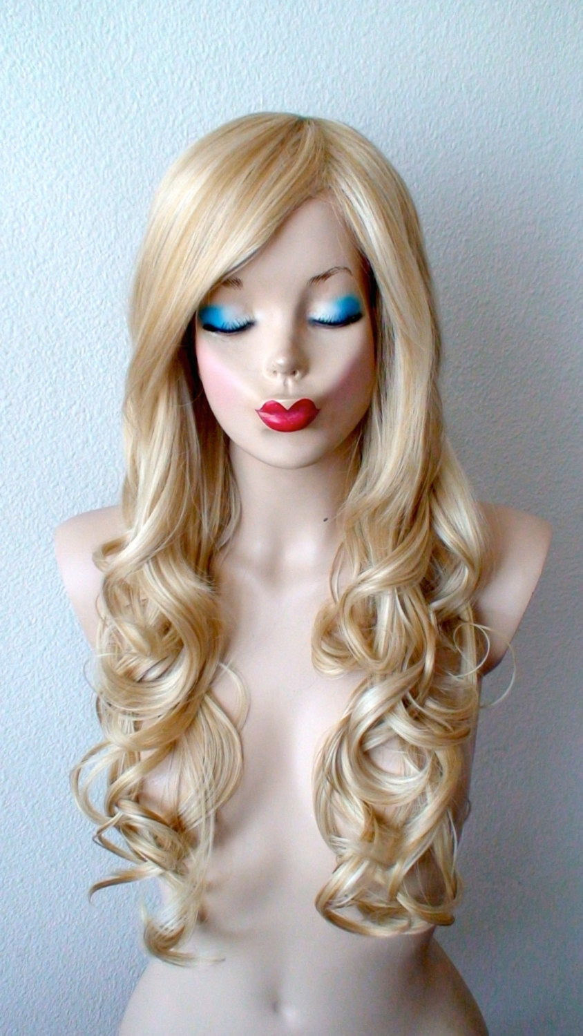 26" Blonde Long Curly Hair Long Side Bangs Wig.