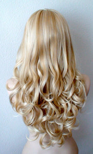 26" Blonde Long Curly Hair Long Side Bangs Wig.