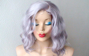 16" Pastel Lavender Gray Short Wavy Hairstyle Wig