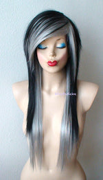 Load image into Gallery viewer, 28&quot; Black Grey Ombre Long Straight Hair Long Side Bangs Wig. Emo Wig. Scene Wig.
