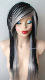 Load image into Gallery viewer, 28&quot; Black Grey Ombre Long Straight Hair Long Side Bangs Wig. Emo Wig. Scene Wig.
