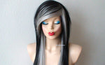 Load image into Gallery viewer, 28&quot; Black Grey Ombre Long Straight Hair Long Side Bangs Wig. Emo Wig. Scene Wig.
