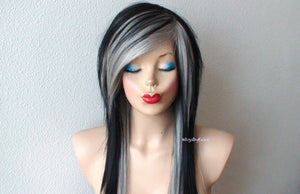 28" Black Grey Ombre Long Straight Hair Long Side Bangs Wig. Emo Wig. Scene Wig.