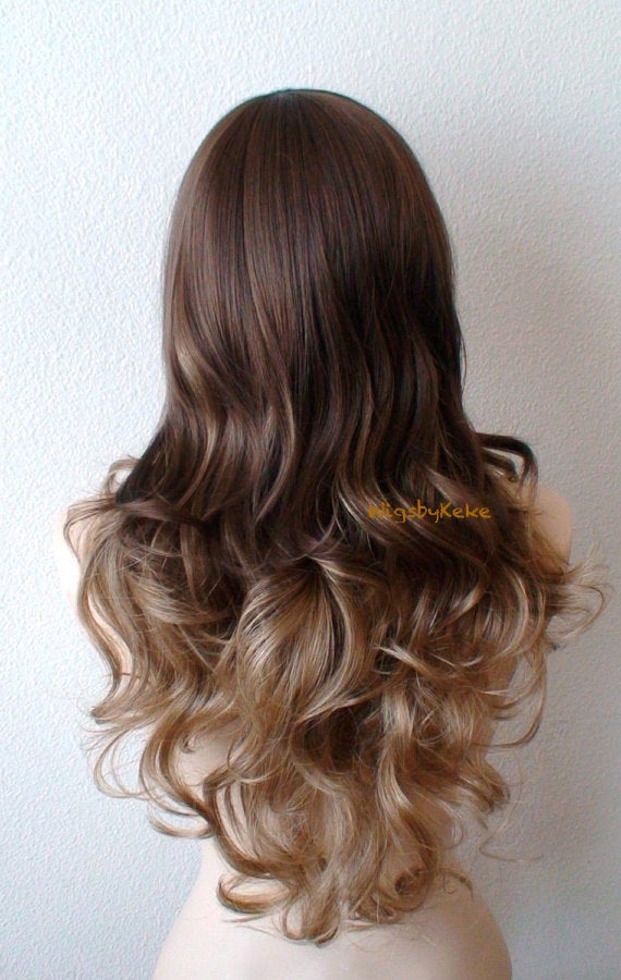 26" Brown toffee Ombre Curly hair Long Side Bangs Wig